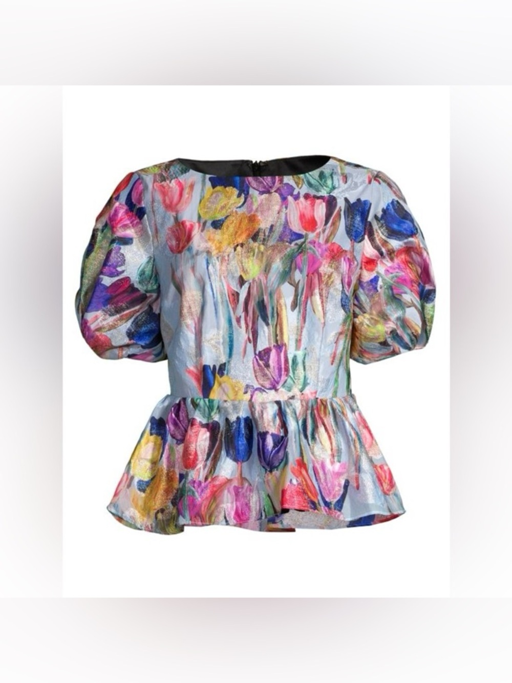 Milly Multicolor Floral Tulip Puff-Sleeve Peplum Top
